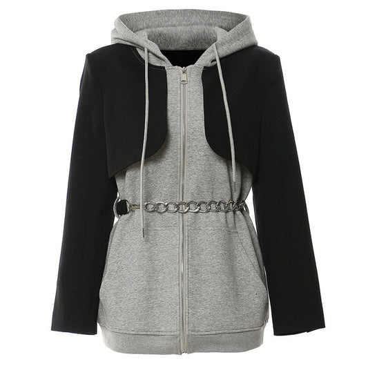 Splicing Contrast Colors False Two Piece Chain Can Be Cinched Hoodie Sweater Dress