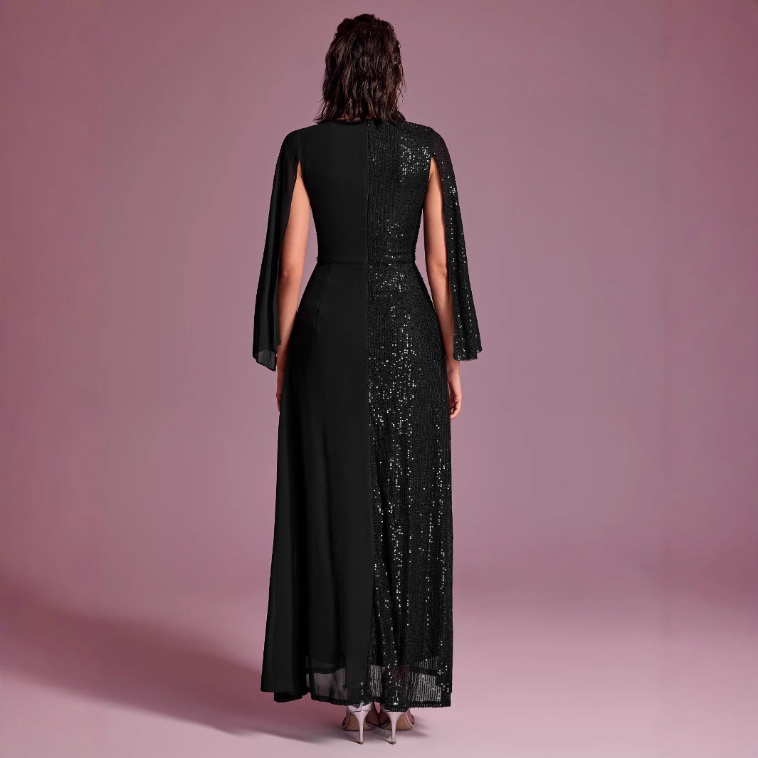 Women Prom Evening Dress Sequin Stitching V neck Split Long Sleeve Party Evening Dress