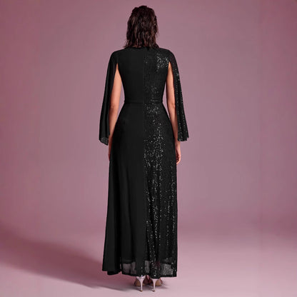 Women Prom Evening Dress Sequin Stitching V neck Split Long Sleeve Party Evening Dress