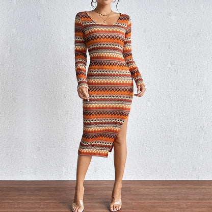 Women Clothing Urban Long Color Striped Dress Long Sleeve Dress Women Clothing
