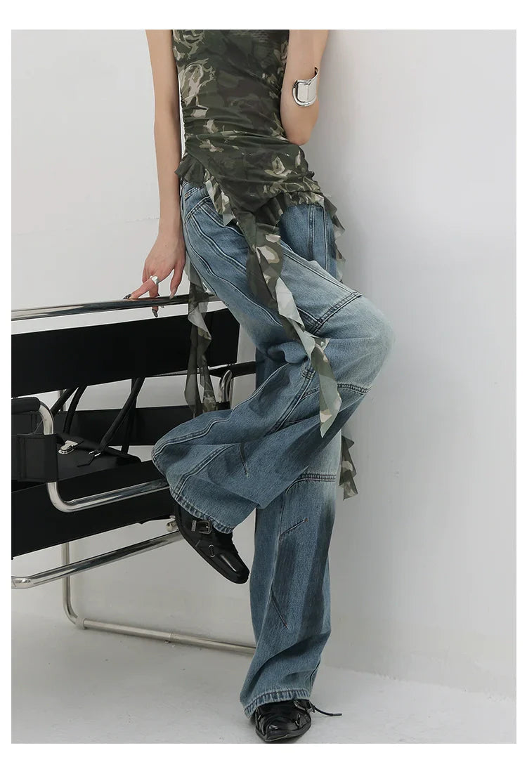 Vintage Distressed And Dirt-Dyed Patchwork Wide-Leg Jeans