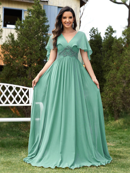 Applique Chiffon Green Evening Dress Slim Fit Flared Sleeves Bridesmaid Dress Cocktail Women