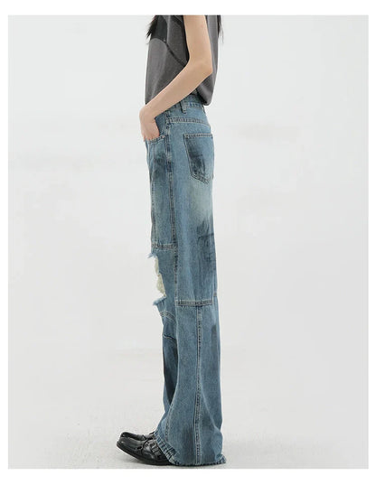 Vintage Distressed And Dirt-Dyed Patchwork Wide-Leg Jeans
