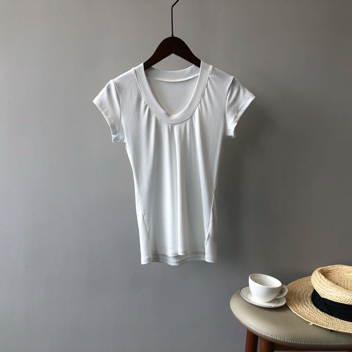 Solid Color T shirt for Women Summer Simplicity U Collar Slimming Stretch T shirt Top for Women
