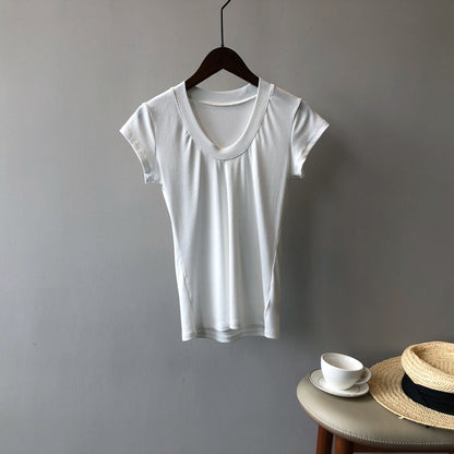 Solid Color T shirt for Women Summer Simplicity U Collar Slimming Stretch T shirt Top for Women