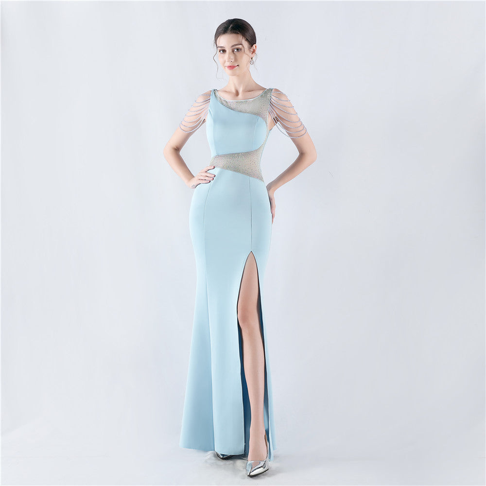 Dress Heavy Embroidery Drilling Give Sheer Mesh High Fork Satin Evening Dress Annual Meeting Wedding