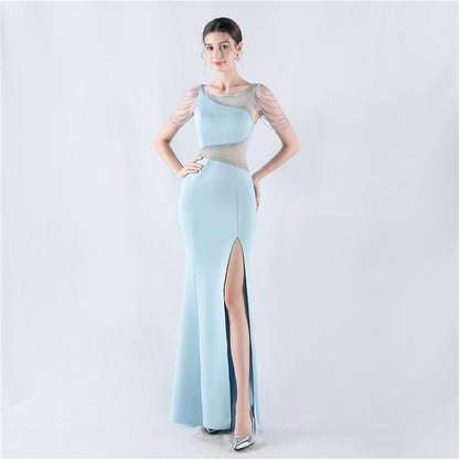 Dress Heavy Embroidery Drilling Give Sheer Mesh High Fork Satin Evening Dress Annual Meeting Wedding