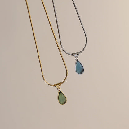 Aqua Teardrop Pendant Titanium Steel Gold Plated Necklace