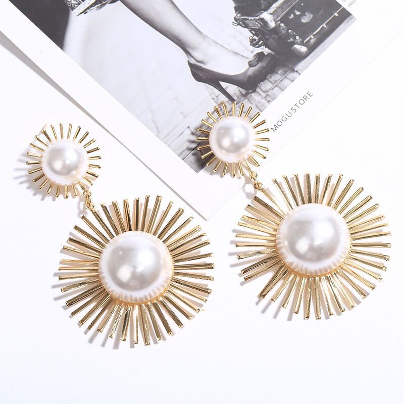 Beaded Double Geometric Pattern Drop Earrings