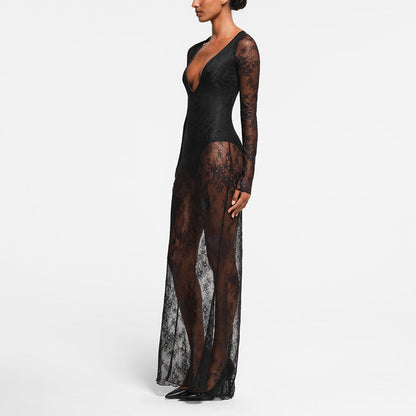 Women Clothing Deep V Plunge Lace Stitching Lining Base Sexy Dress