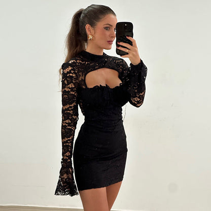 Women Clothing Lace Stitching Chest Hollow Out Cutout Flared Sleeve Waist Hip dress