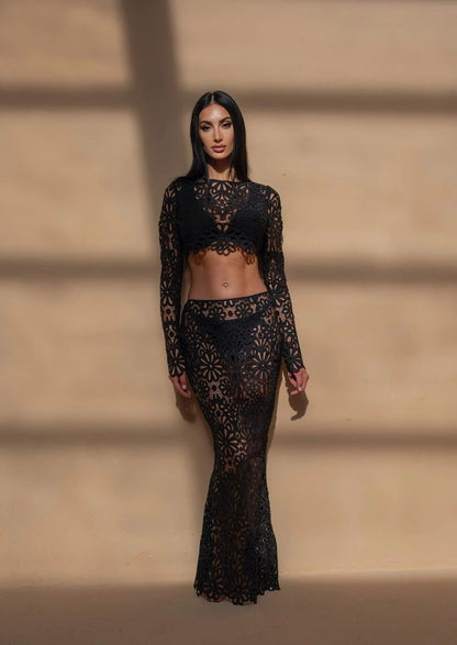 Slim Fit Hollow Out Cutout out Lace Tops Skirt Two Piece Set