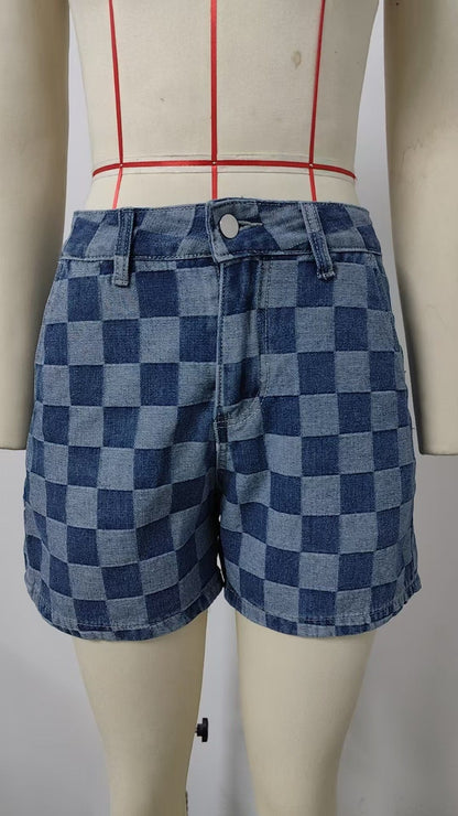 Women Summer Thin Washed Casual Loose Denim Plaid Shirt Short Sleeve Sets