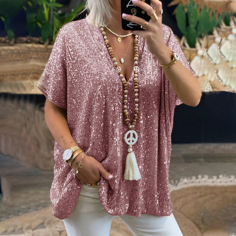Short Sleeve Urban Casual Color Loose Pullover Sequined V neck T shirt Top Women Clothing