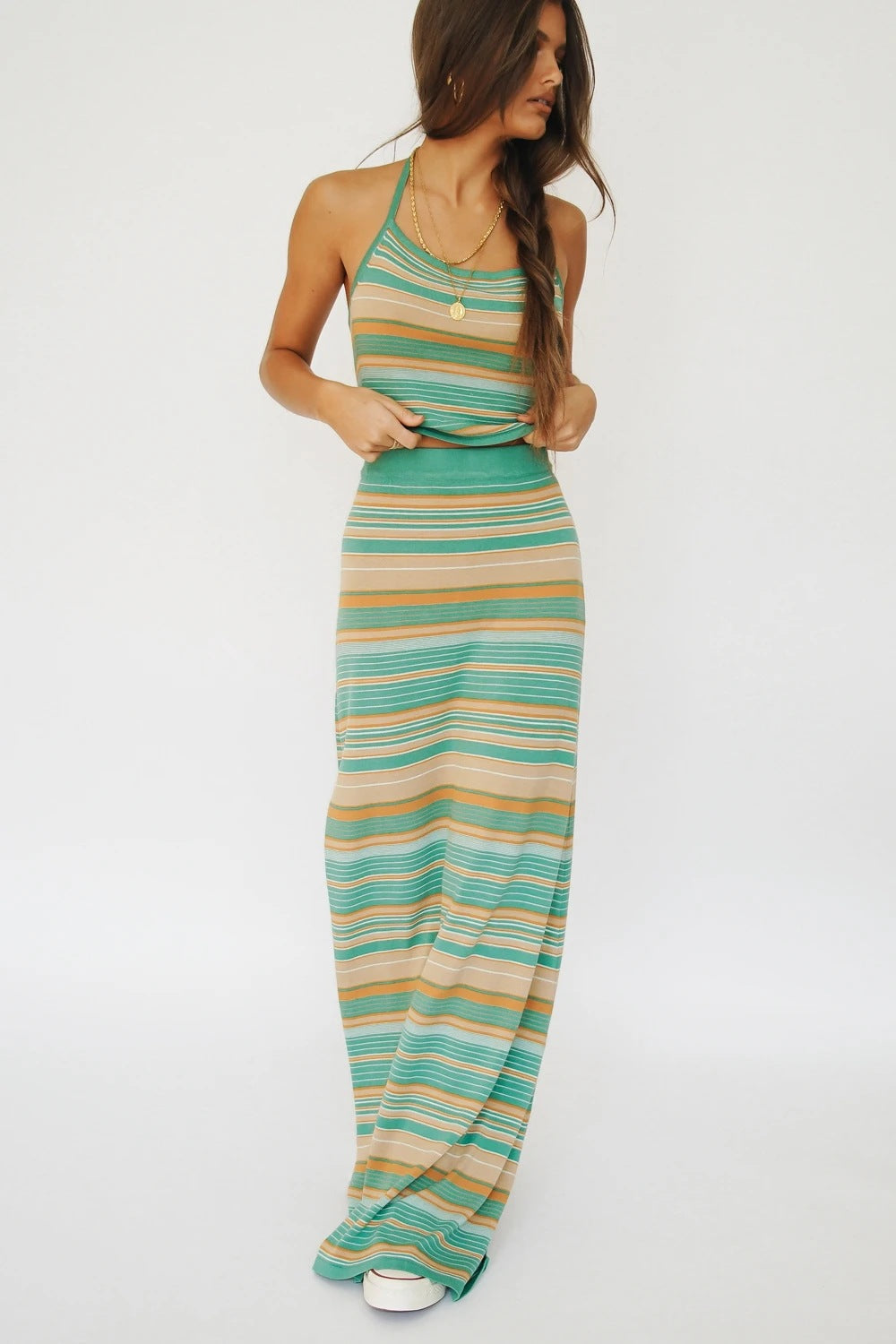 Women Clothing Knitted Slit Sexy Dress Lace up Halterneck Striped Top