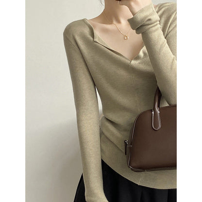 French V Neck Open Sweater Spring Inner Wear Elegant Slim Fit Long Sleeve Top