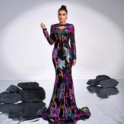 Long Sleeve round Neck Sexy Hollow Out Cutout out Long Sequined Cocktail Fishtail Evening Dress Bridesmaid Dress Women