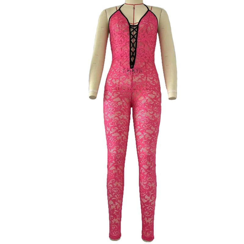 Spring Sexy Hollow Out Cutout Contrast Color Suspenders Slim Fit Backless Sexy Jumpsuit Women