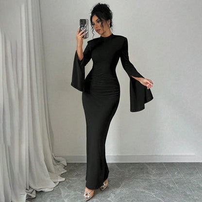 Women Clothing Sexy Slim Fit Solid Color round Neck Split Cuff Maxi Dress