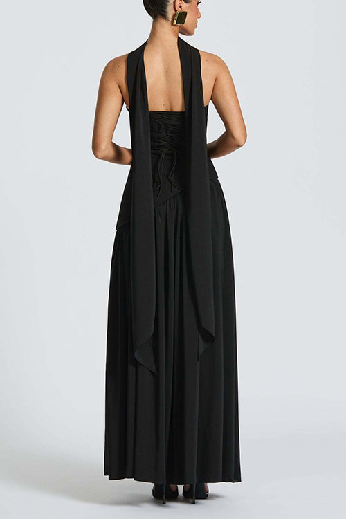  Strapless Back Lace-up High Slit Splice Maxi Dress