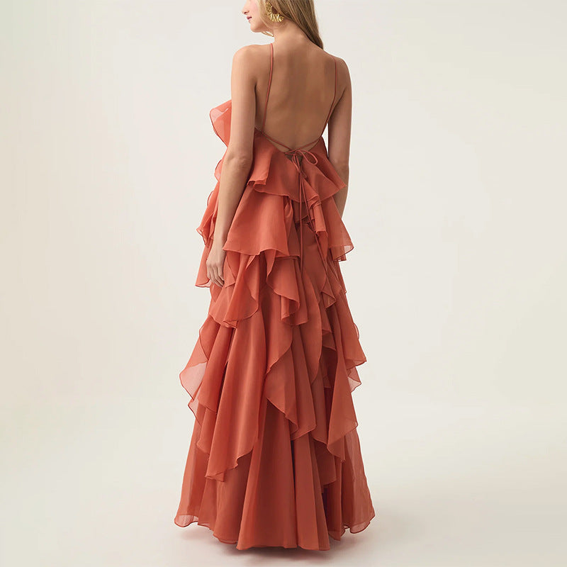 Free - Flowing Rose Detail Tiered Ruffles Halter A-line Maxi Dress