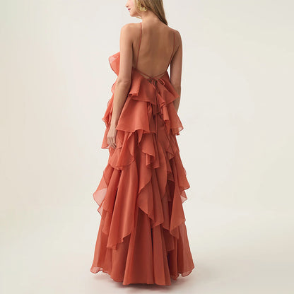 Free - Flowing Rose Detail Tiered Ruffles Halter A-line Maxi Dress