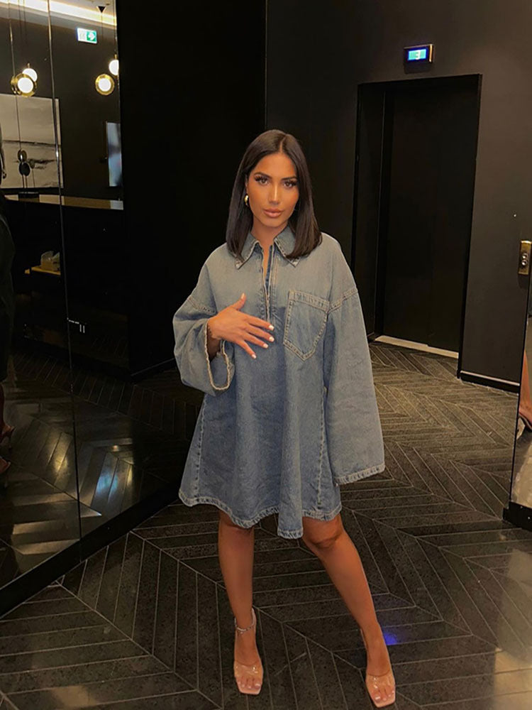 Spring Summer Collared Patch Pocket Bell Sleeve Denim Dress