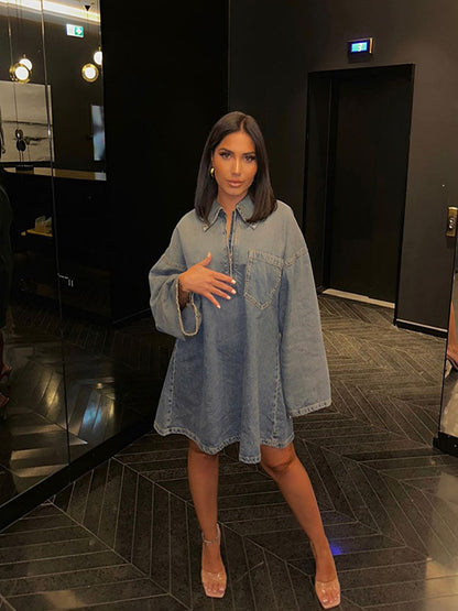 Spring Summer Collared Patch Pocket Bell Sleeve Denim Dress