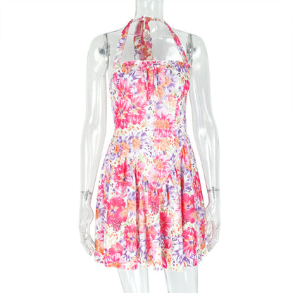 Printing Painted Women Sexy Backless A line Halterneck off-Shoulder Short Dress