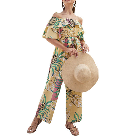 Women Clothing Fashion off-Shoulder Floral Jumpsuit Summer Short Sleeve Chiffon Vacation Beach Jumpsuit