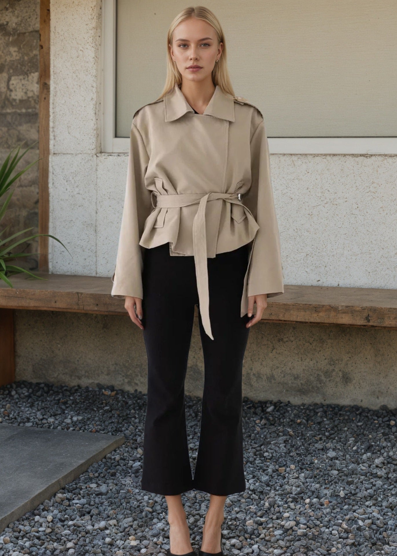 Savina Belted Cropped Trench – Structured Lightweight Jacket