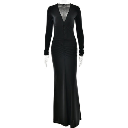 Sexy Pleated Hollow Out Cutout Slim Dress Arrival Long Sleeve Deep V Plunge neck Hip Dress