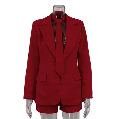 Spring Summer Office Red Necktie Outfit Shorts Jacket Two Piece Set