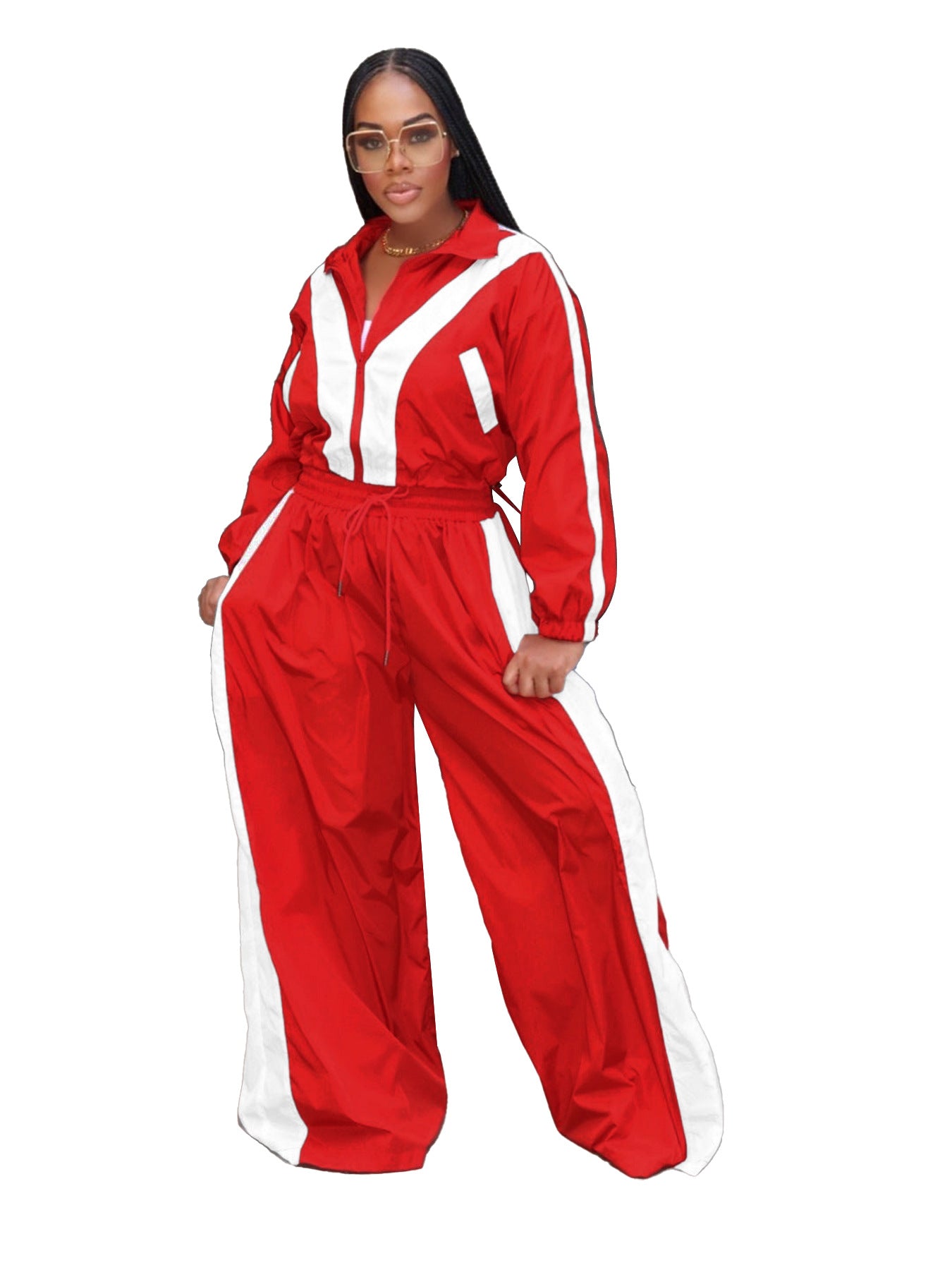 Women Zipper Waist Stitching Contrast Color Oversized Super Trendy Two Piece Suit