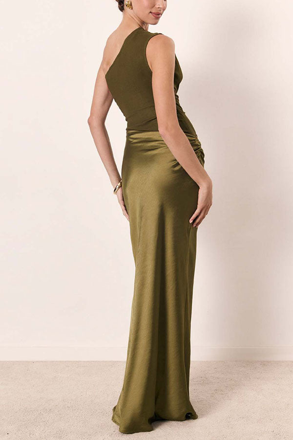 Kaia Satin Contrast Fabric Patchwork One Shoulder Ruched Maxi Dress