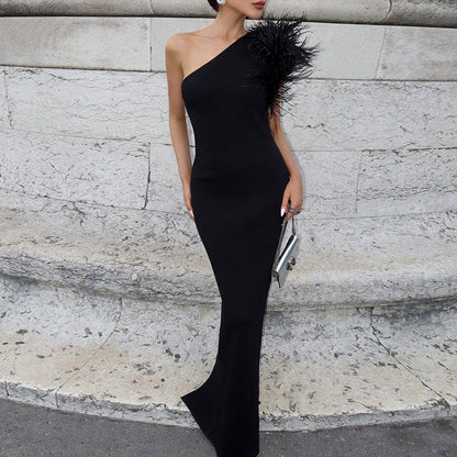 Dress Elegant Noble Solid Color Shoulder Stitching Feather Slim Slimming Long Evening Dress for Women