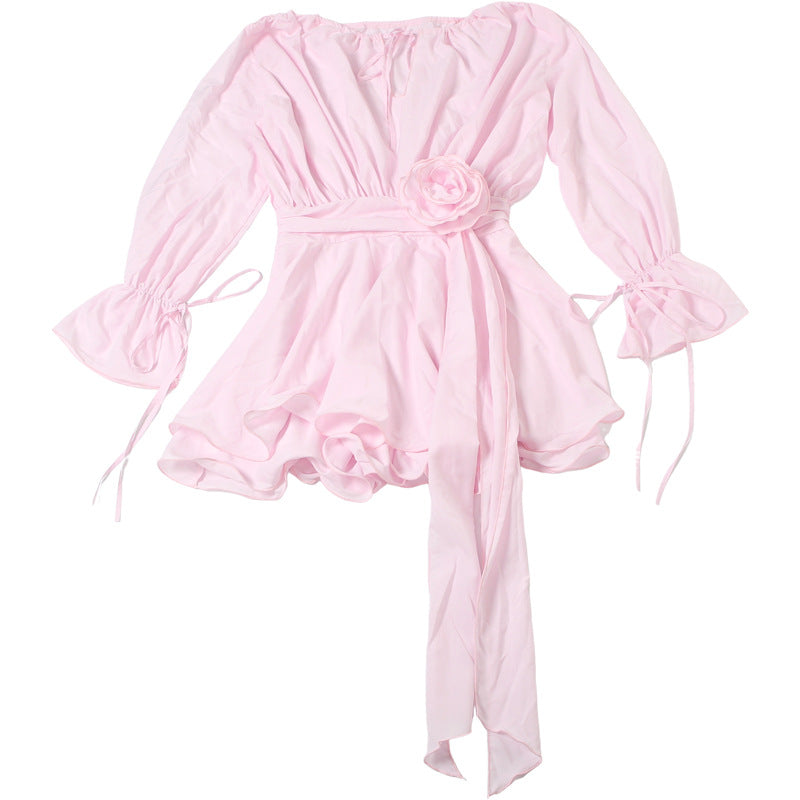 Solid Color Long Sleeve V-Neck Lace-Up Elegant Flower Decorated Mini Dress