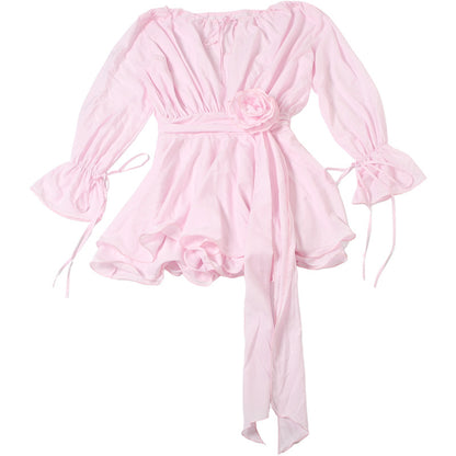 Solid Color Long Sleeve V-Neck Lace-Up Elegant Flower Decorated Mini Dress