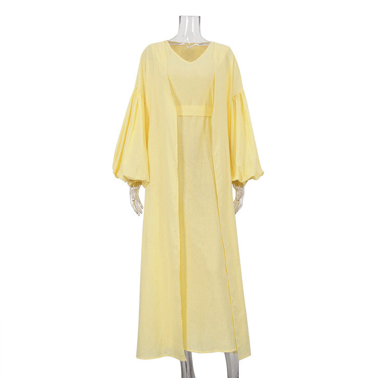 Women Clothing Spring Autumn Casual Vest Dress Puff Sleeve Solid Color Robe Suit Two Piece Set