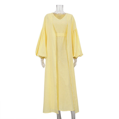 Women Clothing Spring Autumn Casual Vest Dress Puff Sleeve Solid Color Robe Suit Two Piece Set