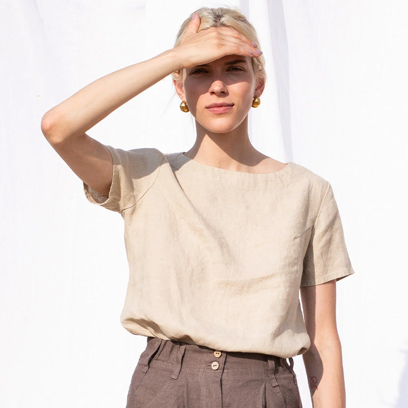Summer Linen Short Sleeved Casual Comfortable Breathable Cotton Linen T shirt Office Solid Color round Neck Loose Top T