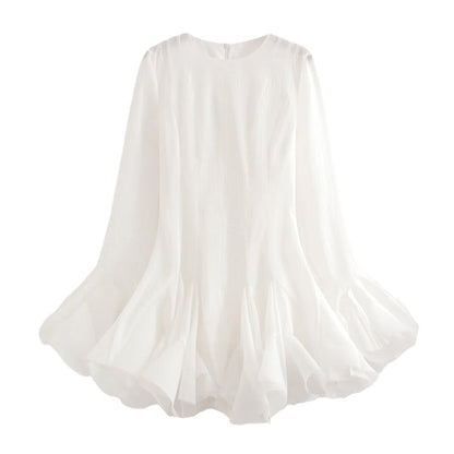 Laminated Ruffled Tulle Tutu Dress Summer Sweet round Neck Flared Sleeves Slim Fit Short Mini Dress