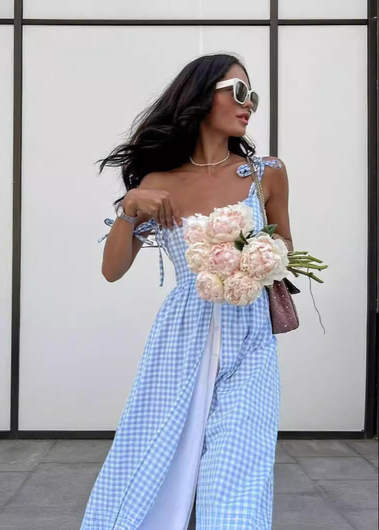 Sky Picnic Ruffle Dress – Gingham Layered Maxi with Tie Straps