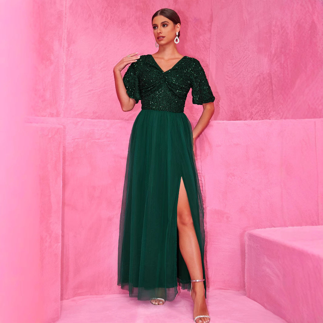 Dress Elegant A line Sequined Dress Short Sleeve Stitching Double V neck A line Tulle Evening Dress