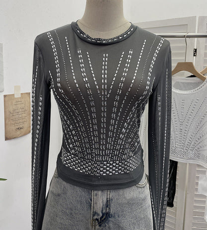Diamond Embedded Thin Sheer Mesh Long Sleeve T shirt Slim Short Backless Top Women