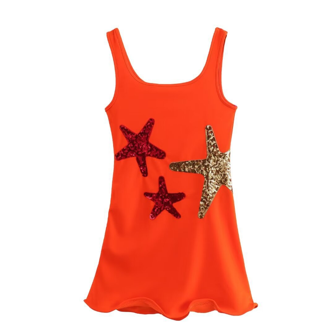 Beachside Dreams Starfish Sequin Wave Hem Stretch Tank Mini Dress