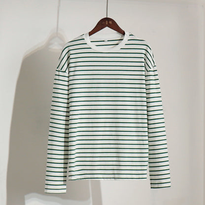 Long Sleeved Striped T shirt Spring Trendy Wild Casual round Neck Cotton Striped T shirt