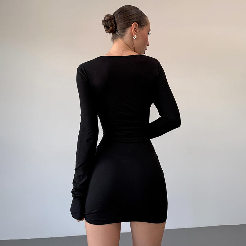 Women Clothing Low Neck Slim Fit Hip Metal Decoration Sexy Dress