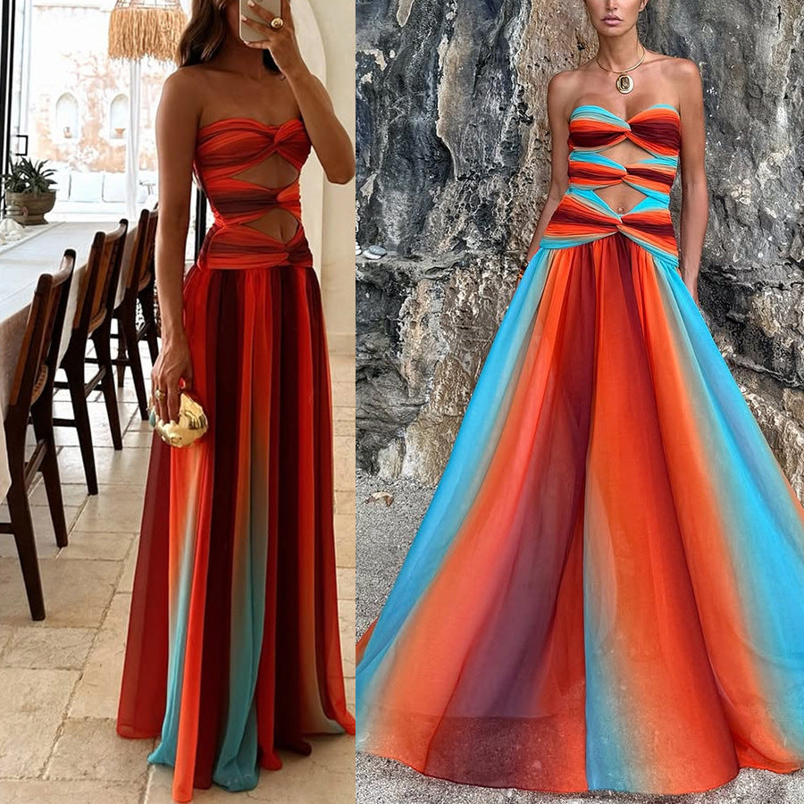 Ladies' Sunset Sexy strapless Fashion Tassel Printed Twisted Hollow Off Shoulder Vacation Long Dress