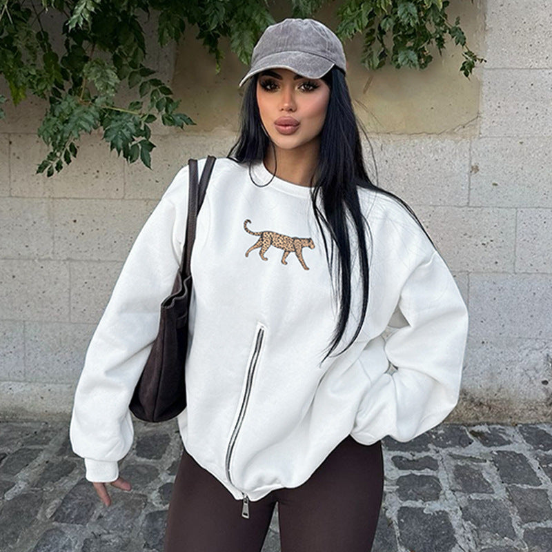Women Clothing Winter round Neck Zipper Leopard Print Long Sleeve Loose Fitting Casual Pullover Coat